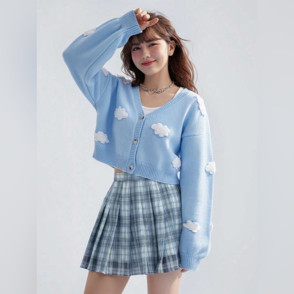ROMWE Sky Blue Cloud ☁️ Pattern Kawaii Cardigan Button Crop Sweater - Size S